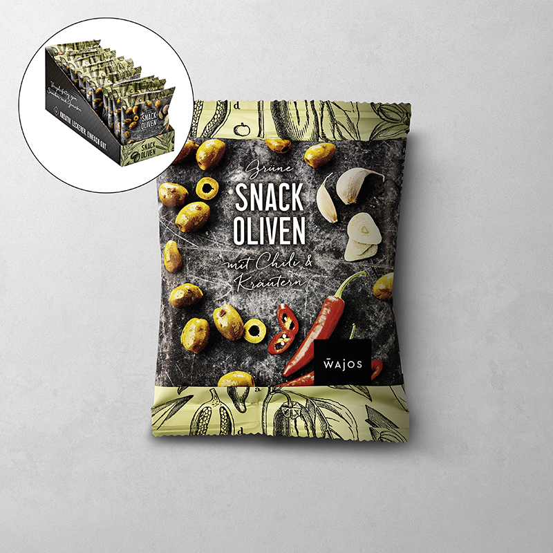 Snack Oliven Grün mit Chili & Kräutern Snack Oliven Grün mit Chili & Kräutern