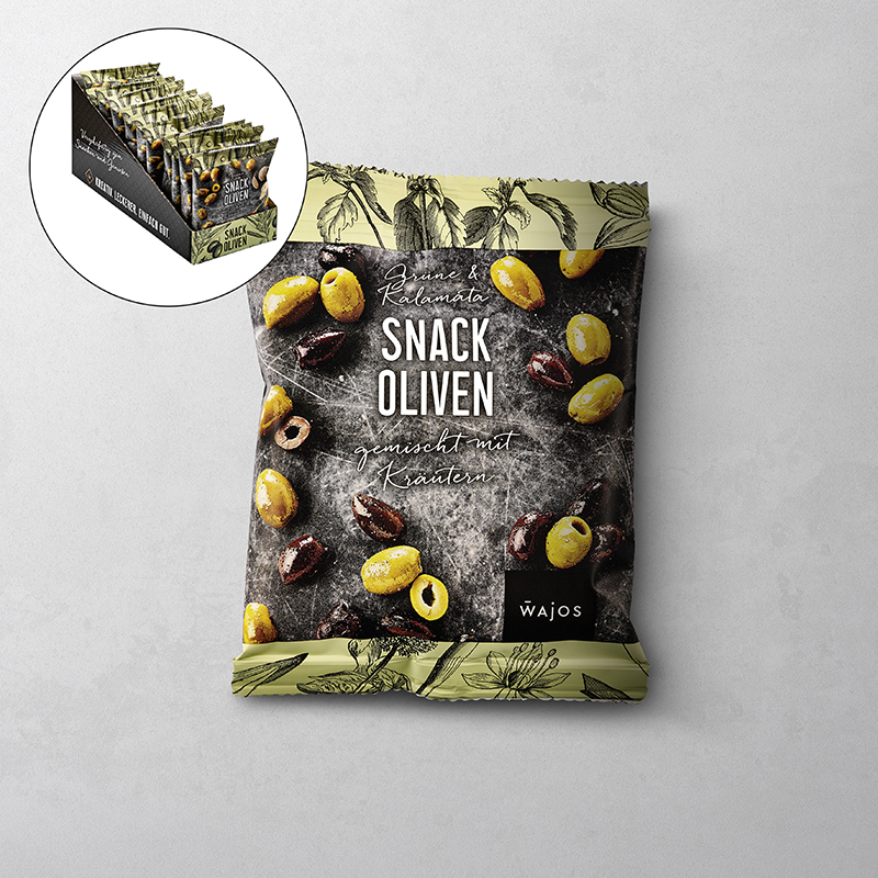 Snack Oliven Kalamata + Grün gemischt mit Kräutern Snack Oliven Kalamata + Grün gemischt mit Kräutern