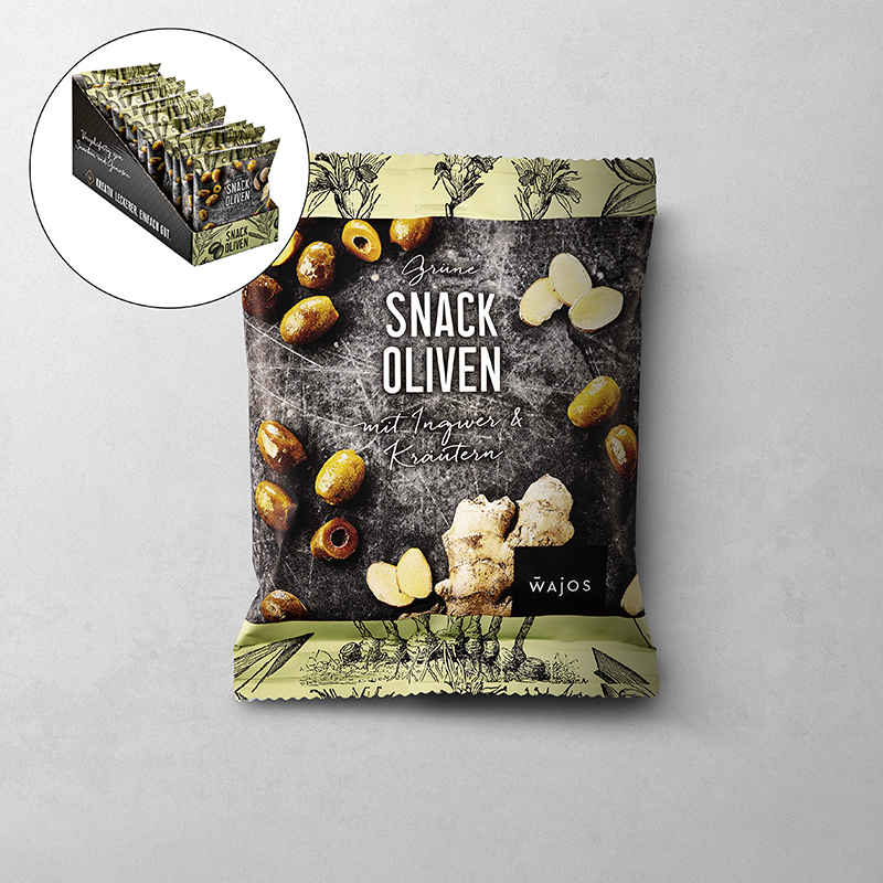 Snack Oliven Grün mit Ingwer & Kräutern Snack Oliven Grün mit Ingwer & Kräutern